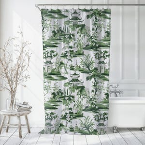 Green Toile Chinoiserie Shower Curtain Vintage Toile Bathroom French Country Bath Curtain Green Shower Curtain Pagoda Bath Decor Tropical