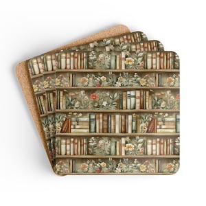 Old Bookshelf Coaster Set Floral Library Coasters Books and flowers Coasters Antique Book Decor Reader Gift Library Coasters Books Decor