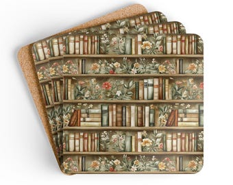 Book Coaster Set Floral Library Coasters Books and flowers Coasters Antique Bookshelf Decor Reader Gift Library Coasters Book Club Gift Idea