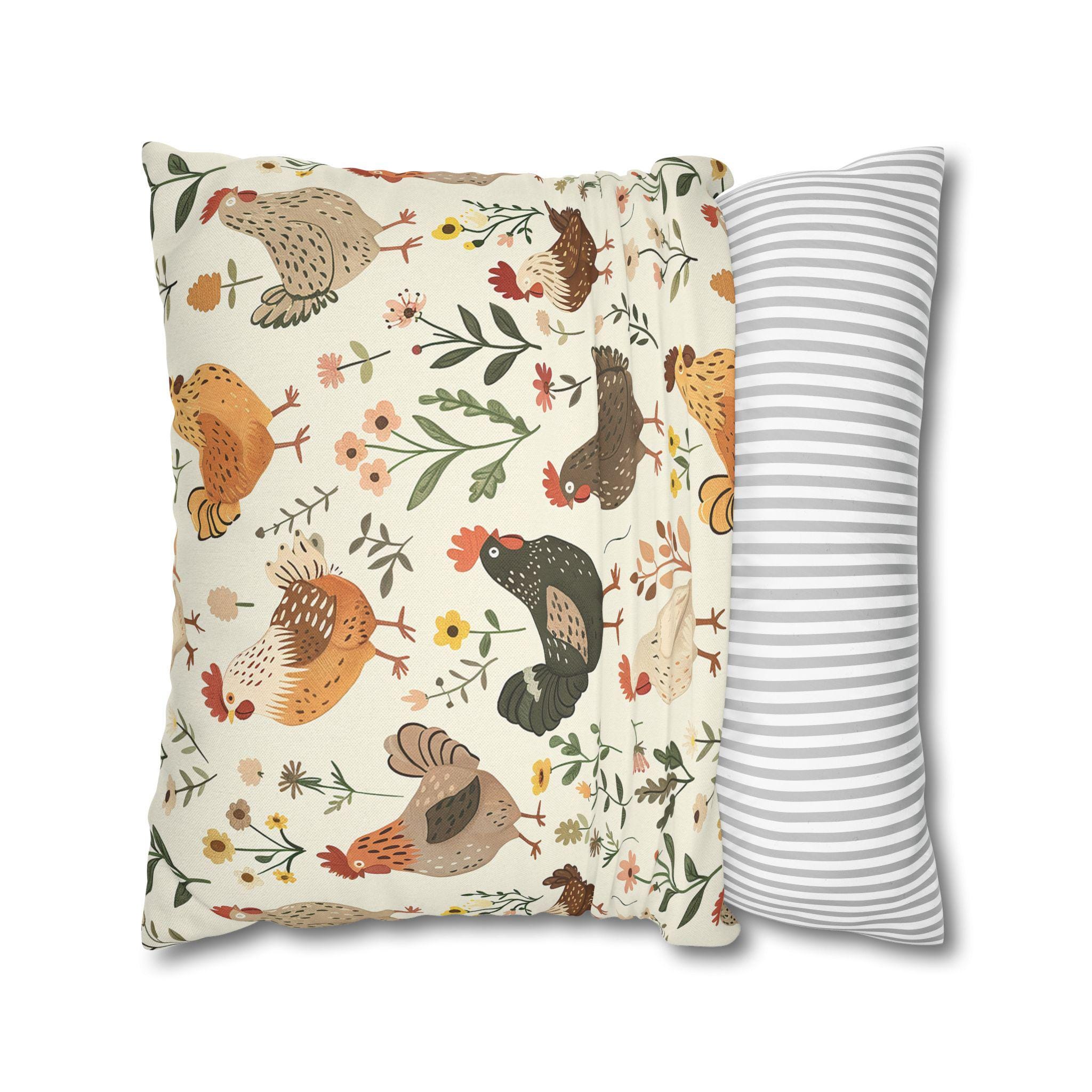 Chicken and Flowers Pillow Cover, Farmhouse Chicken Cushion Hen Print ...