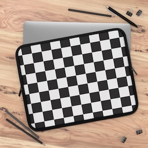 Black and White Checkered Laptop Sleeve Monochrome Tech Cover Grid Pattern Computer Case Plaid Tablet Pouch Gift Geometric Sleeve for Laptop