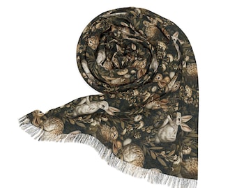Woodland Rabbits Scarf, Dark Aesthetic Scarf Easter Scarf Gift Cottagecore Scarf Vintage Rabbit Print Scarf Victorian Bunny Lover Gift