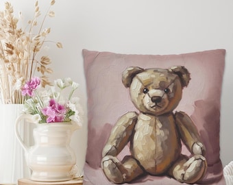 Vintage Teddy Bear Pillow Cover, Oil Painting Style on Pink Background Cute Nursery Decorative Cushion Toy Bear Art Decor Whimsical Kid Gift