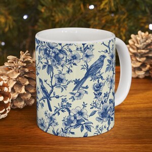 Blue Toile Mug Bird Floral Mug French Country Mug Toile De Jouy Mug Vintage Style Birds Mug French Toile Mug Toile Decor Bird Lover Gift