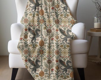 Mystical Dragon Blanket, Beige Medieval Throw Gothic Dragon Blanket Castlecore Throw  Gamer Blanket Dragon Lover Gift Renaissance Blanket