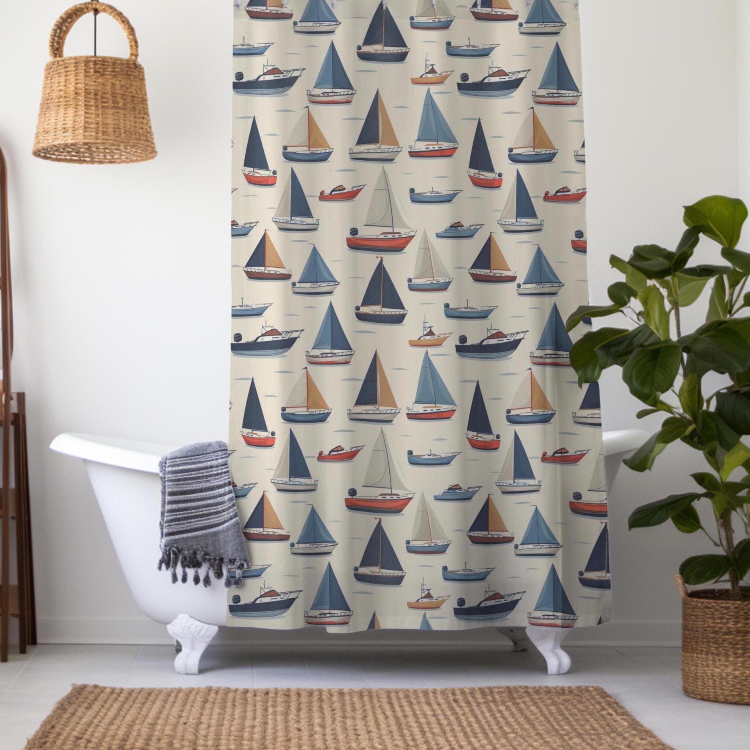 Sailing Boat Shower Curtain, Coastal Bathroom Curtain Ocean Bath ...