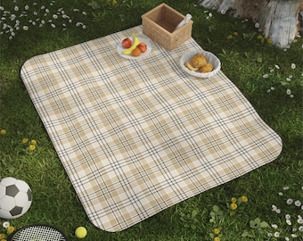 Beige Plaid Picnic Blanket Tartan Outdoor Blanket Tan Check Picnic Mat Country Picnic Blanket Outdoor Gift Idea Farmhouse Picnic Decor Gift