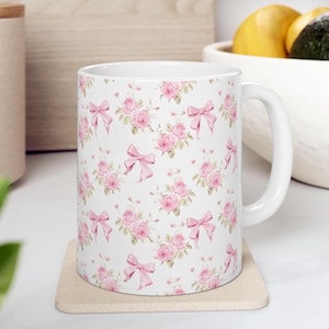 Pink Flower and Bows Mug Cute Floral Mug Pink Bows Coffee Cup Girly Mug Gift Pastel Bow Mug Pink Kitchen Decor Bow Coffee Cup for Girl