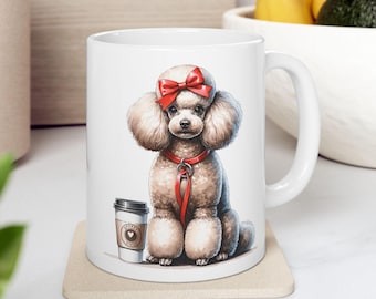 Mug chien caniche et café mignon pour les amoureux des chiens Cadeau drôle caniche et amateur de café Mug caniche avec noeud Mug chien girly amateur de caniche