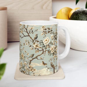 Toile Birds Mug French Toile Mug Blue Toile Bird Lover Mug Toile de Jouy Elegant Mug Cottage Decor Vintage Style Mug French Kitchen Decor