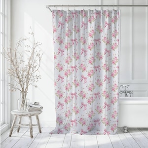 Pink Roses and Bows Shower Curtain Girly Bathroom Decor Feminine Shower Curtain Cottagecore Bath Decor Pink Flower Shower Curtain Pretty