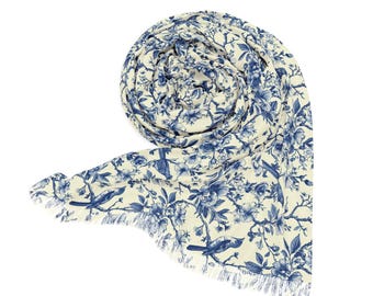 Blue Toile Birds Scarf, Classic French Country Toile Fashion Scarf Bird Lover Gift Toile Lightweight Scarf Floral and Bird Fashion for Women