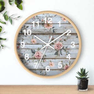 Blue Wood Floral Wall Clock Vintage Rose Clock French Country Wooden Clock Feminine Wall Decor Rustic Blue Rose Clock Farmhouse Roses Gift