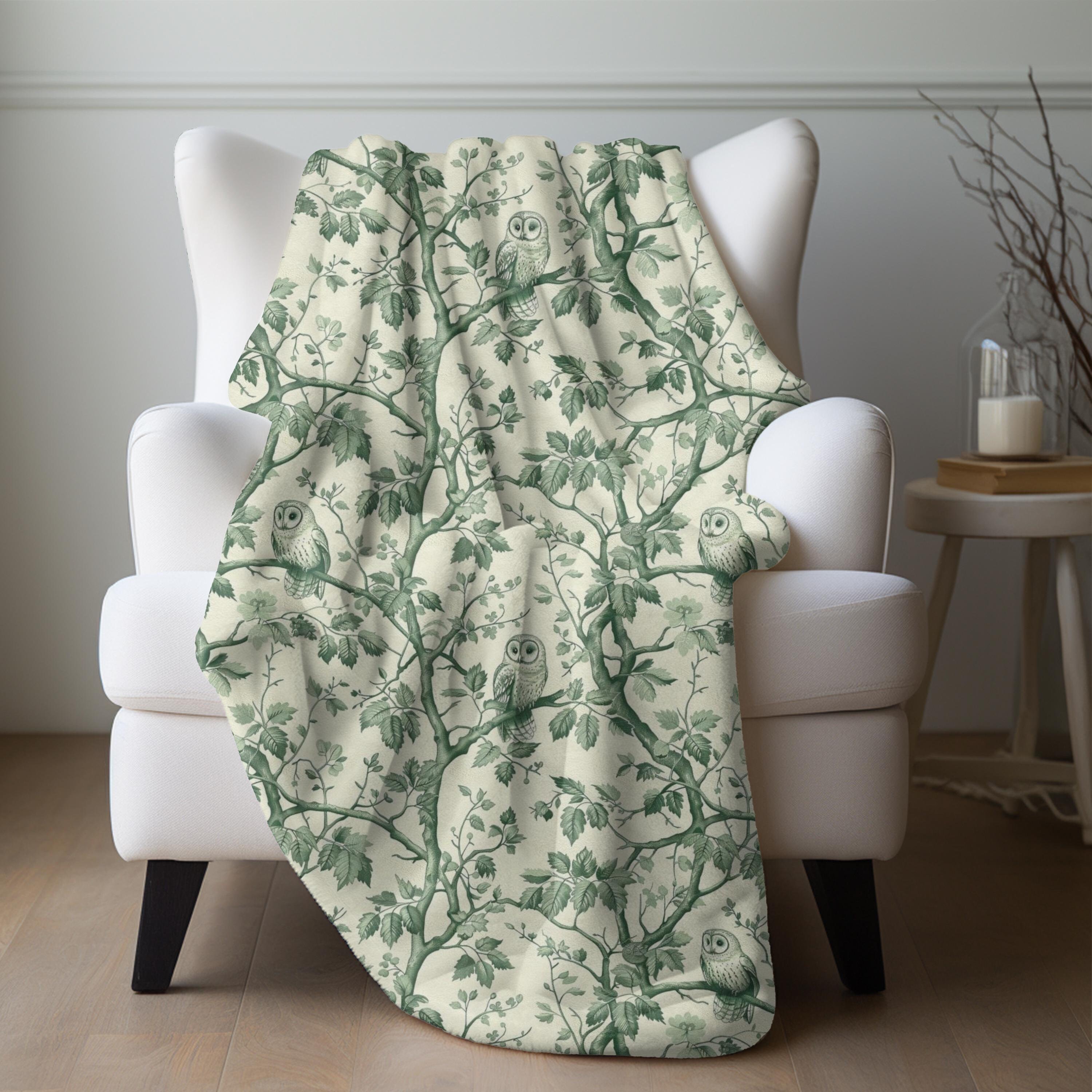 Green Owl Blanket Forest Owl Throw Green Toile Blanket Woodland Creature Throw Bird Lover Blanket Forest Green Bedding Owl Lover Throw Gift