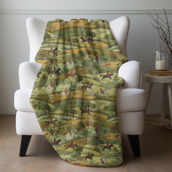 English Fox Hunting Blanket, Equestrian Gift Country Side Throw Horse Hounds Blanket Gift English Rural Countryside Bedding Horse Lover Gift