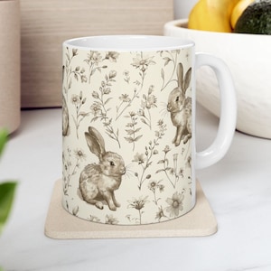 Brown Rabbit Ceramic Mug (11oz) Floral Mug Bunny Coffee Mug Woodland Animal Mug Rabbit Lover Gift Brown Cottagecore Mug Cute Animal Mug Gift
