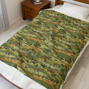 English Fox Hunting Blanket, Equestrian Gift Country Side Throw Horse Hounds Blanket Gift English Rural Countryside Bedding Horse Lover Gift image 6