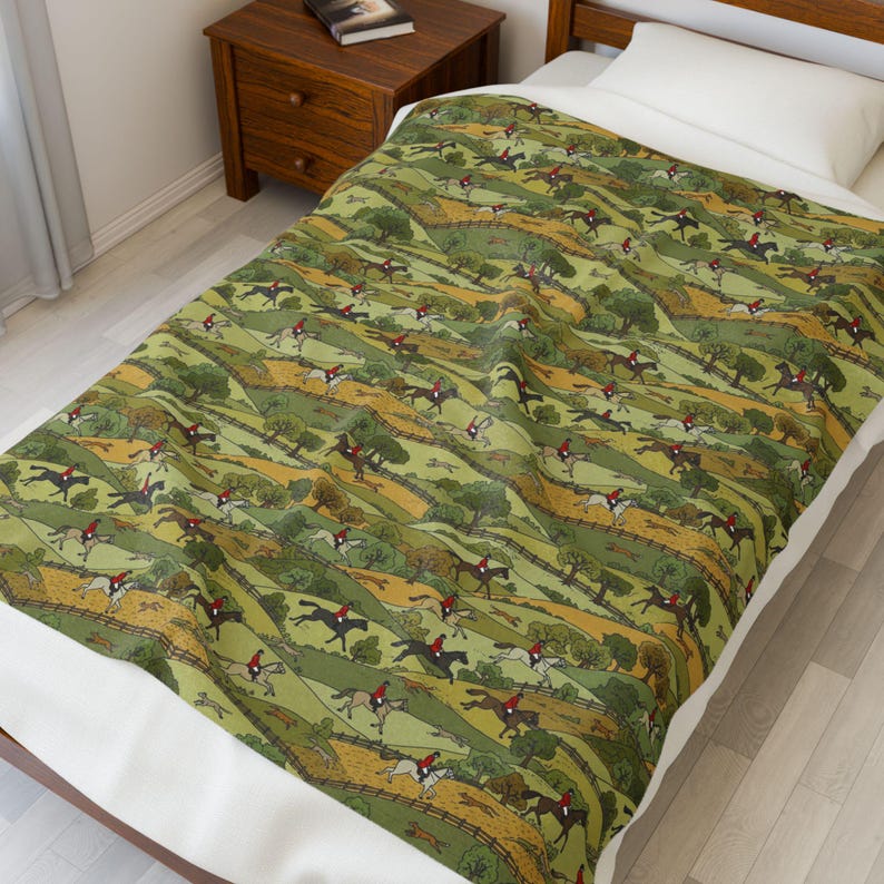 English Fox Hunting Blanket, Equestrian Gift Country Side Throw Horse Hounds Blanket Gift English Rural Countryside Bedding Horse Lover Gift image 6