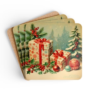 Vintage Christmas Coaster Set Christmas Presents Coasters Holly Decor Christmas Festive Table Decor Classic Christmas Tree Coasters for Mom