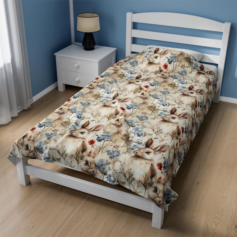 Rabbits and Flowers Blanket, Cute Bunny Blanket Floral Rabbit Throw Wildflower Blanket Rabbit Lover Gift Spring Blanket Hare Bedding Gift image 7
