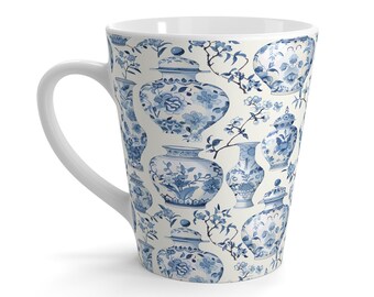Chinoiserie Vase Latte Mug, Blue and White Mug Ginger Jar Pattern Mug Asian Style Kitchenware Chinoiserie Gift Chinese Porcelain Floral Mug