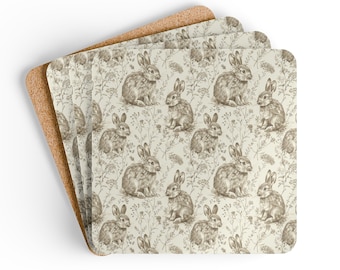 Rabbits and Flowers Coaster Set Woodland Decor Hare Coasters Cute Rabbit Decor Farm Animal Coasters For Mom Bunny Gift Neutral Coaster Gift