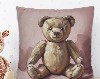 Vintage Teddy Bear Pillow Cover Oil Painting Style on Pink Background Cute Nursery Decorative Cushion Toy Bear Art Pillow Whimsical Kid Gift