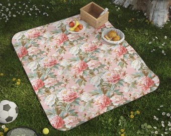 Floral Picnic Blanket - Vintage Style Peony Outdoor Blanket Pink Throw Camping Gear Garden Party Throw Boho Picnic Blanket Garden Decor