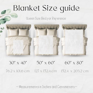May include: A guide to blanket sizes with three different sizes shown on a queen-sized bed. The sizes are 30" x 40", 50" x 60", and 60" x 80". Measurements are also provided in centimeters.