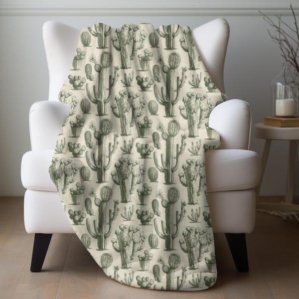 Green Toile Cactus Blanket, Southwest Cactus Throw Succulent Print Bedding Green Western Decor Prickly Pear Bedding Boho Western Blanket
