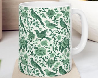 Green Toile Birds Mug Green Chinoiserie Bird Mug French Toile Bird Drink Ware Toile Coffee Cup French Country Mug Green Bird Lover Gift