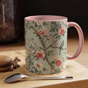 Pink Bird Toile Mug Green Floral Coffee Cup Bird Lover Gift Toile de Jouy Mug Pink Cottagecore Bird Mug French Cottage Gift Country Mug