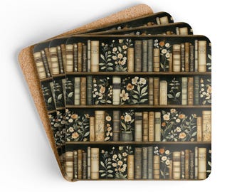 Dark Bookshelf Coaster Set Book Lover Coasters Dark Academia Drink Decor Home Office Coasters Library Aesthetic Coasters Vintage Book Gift