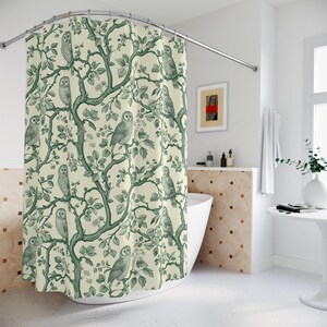 Rideau de douche hibou, décoration de salle de bain hibou vert, rideau de douche hibou des forêts, hiboux sur branches, rideau de salle de bain hibou mignon, décoration de salle de bain bohème boisée image 5