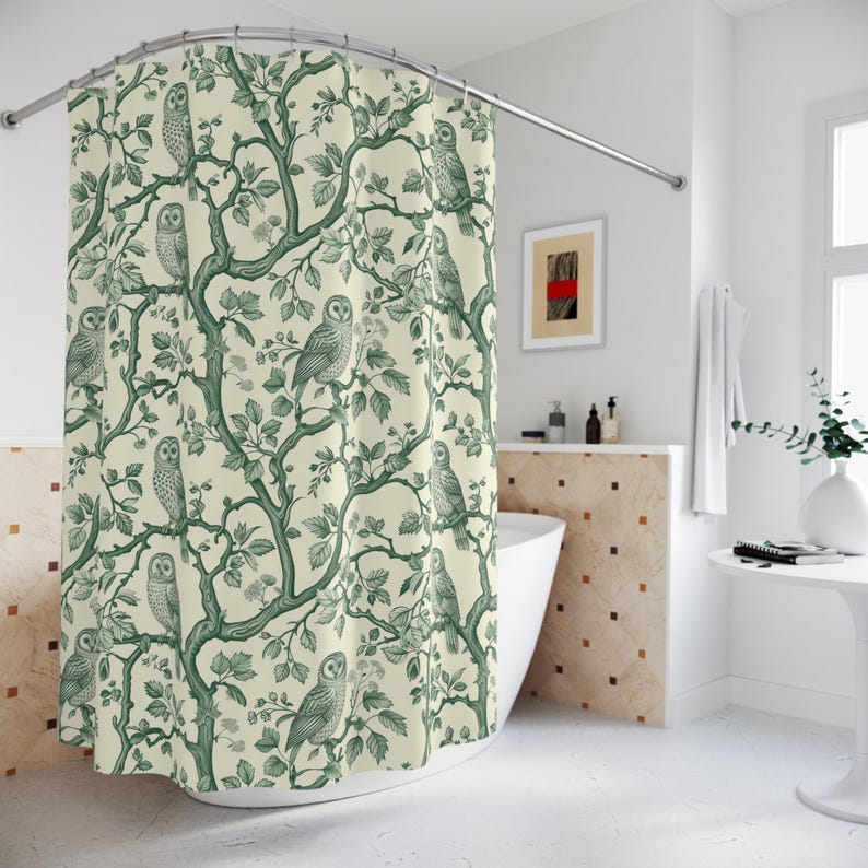 Rideau de douche hibou, décoration de salle de bain hibou vert, rideau de douche hibou des forêts, hiboux sur branches, rideau de salle de bain hibou mignon, décoration de salle de bain bohème boisée image 5