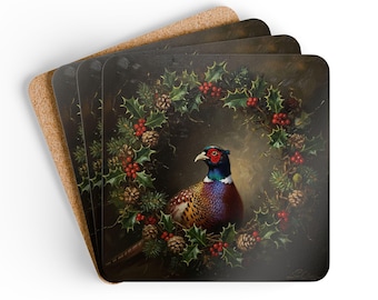Pheasant Coaster Set Christmas Bird Coasters English Countryside Decor Pheasant Wreath Coaster Hunting Lodge Decor Wildlife Bird Coasters