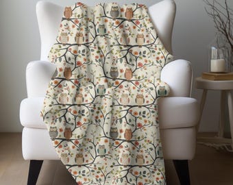 Woodland Owl Blanket, Forest Birds Throw Owl Lover Gift Rustic Cabin Decor Owls On Branches Blanket Owl Collector Throw Gift Woodland Baby