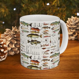 Fishing Mug, Fish Hooks Coffee Mug Masculine Kitchen Decor Fisherman Mug Angler Kitchen Decor Fishing Lodge Mugs Fishing Lover Gift for Him