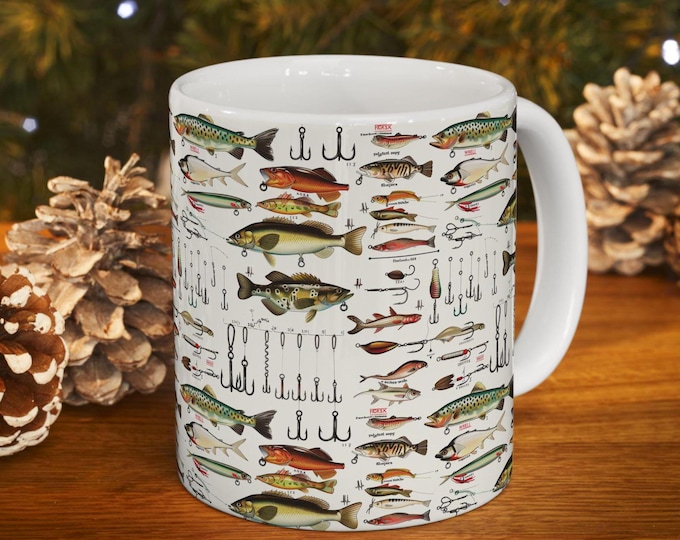 Fishing Mug, Fish Hooks Coffee Mug Masculine Kitchen Decor Fisherman Mug Angler Kitchen Decor Fishing Lodge Mugs Fishing Lover Gift for Him