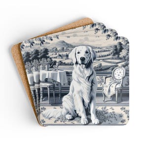 Toile Retriever Dog Cork Coaster Set Golden Retriever Drink Coasters Vintage Style Dog Coasters Dog Lover Coasters Gift French Toile Coaster