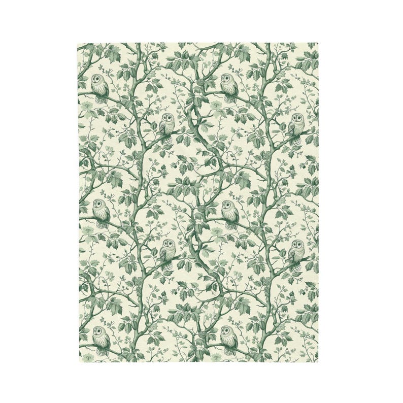 Green Owl Blanket, Forest Owl Throw Green Toile Blanket Woodland Creature Throw Bird Lover Blanket Forest Green Bedding Owl Lover Throw Gift bild 8