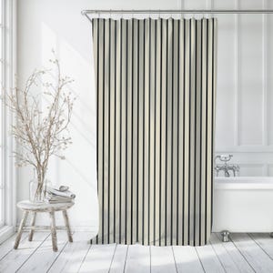 Black Ticking Stripe Shower Curtain Black Beige Striped Bath Curtain Farmhouse Stripe Bathroom Vintage Pinstripe Shower Curtain Classic Bath
