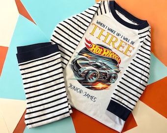 Pijamas de cumpleaños personalizados de Hot Wheels / Hot Wheels When I Wake Up I Will Be / Pijamas de cumpleaños para niños / Pijamas de cumpleaños de coche