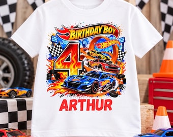 Camiseta de cumpleaños personalizada de Hot Wheels / Camiseta de carreras con nombre y edad personalizados