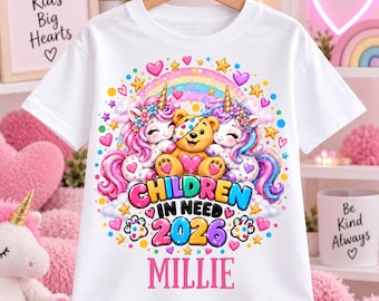 Personalised Children in Need 2026 T-Shirt | Name, Bear, Unicorn Design