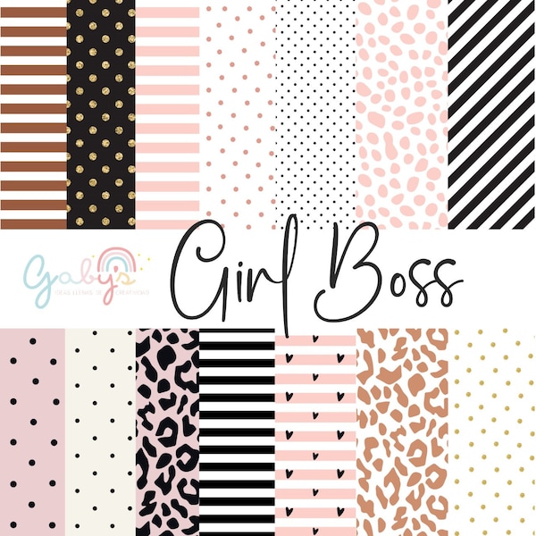 Papel digital Girl Boss / Compatible cameo cricut / Wallpaper / Dotted / Animal Print / Lines / Hearts / Pink / Black / Brown