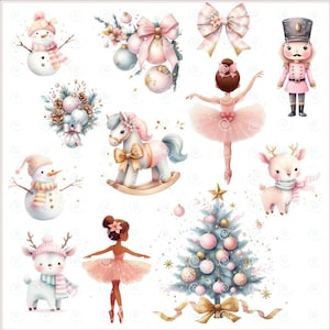 Op de afbeelding: Een set van 10 digitale clipart-afbeeldingen met een kerstthema. De afbeeldingen omvatten een sneeuwpop, een schommelpaard, een ballerina, een notenkraker, een rendier, een kerstboom en een strik. De afbeeldingen zijn allemaal in aquarelstijl en perfect voor gebruik in digitaal scrapbooken, kaartmaken en andere knutselprojecten.