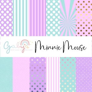 Puede incluir: Una colección de papeles digitales estampados en colores pastel, que incluyen lunares, rayas y diseños de rayos de sol. La paleta de colores presenta tonos de morado, verde azulado y rosa, con acentos dorados. El texto "Gaby's Minnie Mouse" se muestra en el centro.