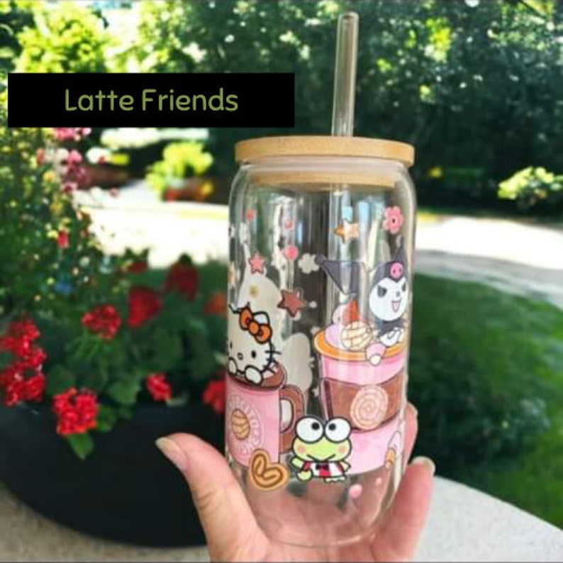 SANRIO Glass Cup W/ Bamboo Lid and Glass Straw Etsy