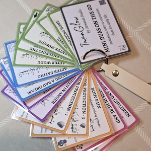 May include: A set of colourful cards with English and Arabic text, attached to a keyring. The cards are labelled with phrases such as "Mini Duas on the Go" and "Body Pain". The cards are fanned out.
